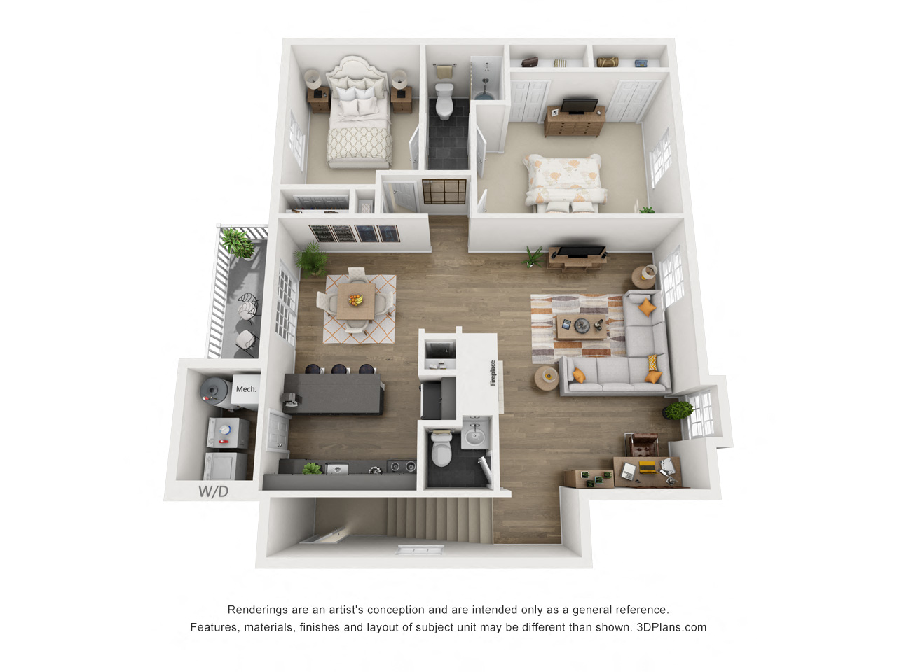 Floor plan for 2 beds, 1.5 baths, 1058 sqft